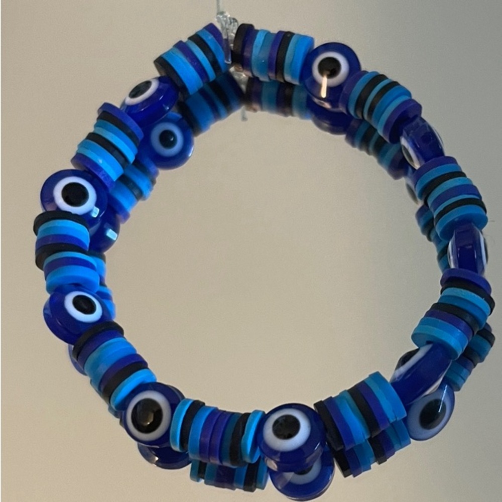 Handmade blue evil eye clay bead bracelet